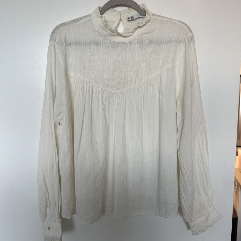 Zara | Embroidered Peasant Blouse Ivory Boho Cottagecore Prairie Top | Sz L